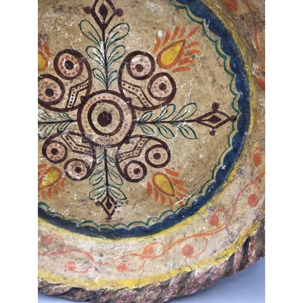 Vintage Mexican Folk Art Paper Mache Bowl Hand Painted Rope Rim Charger Plate